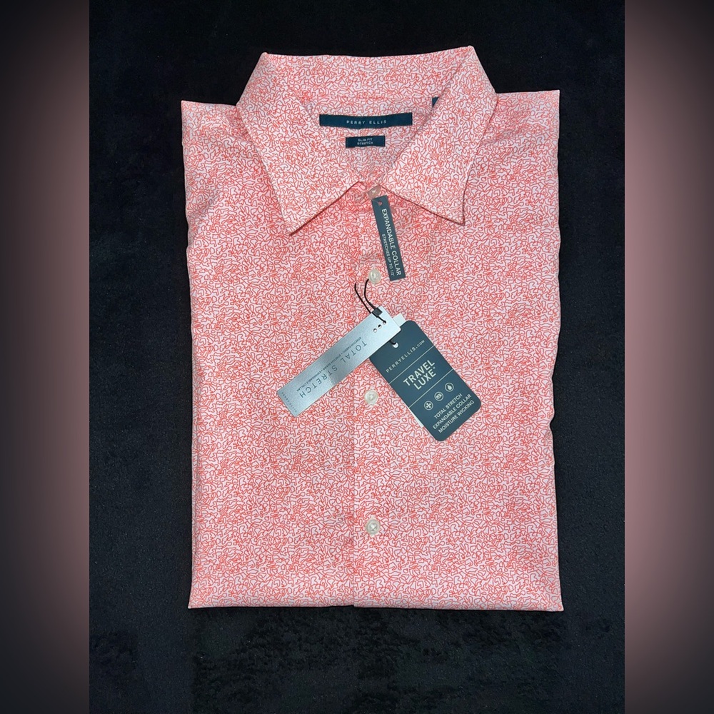 Perry Ellis Mens Travel Luxe Slim Fit Stretch Short Sleeve Shirt ButtonUp, Sz XL